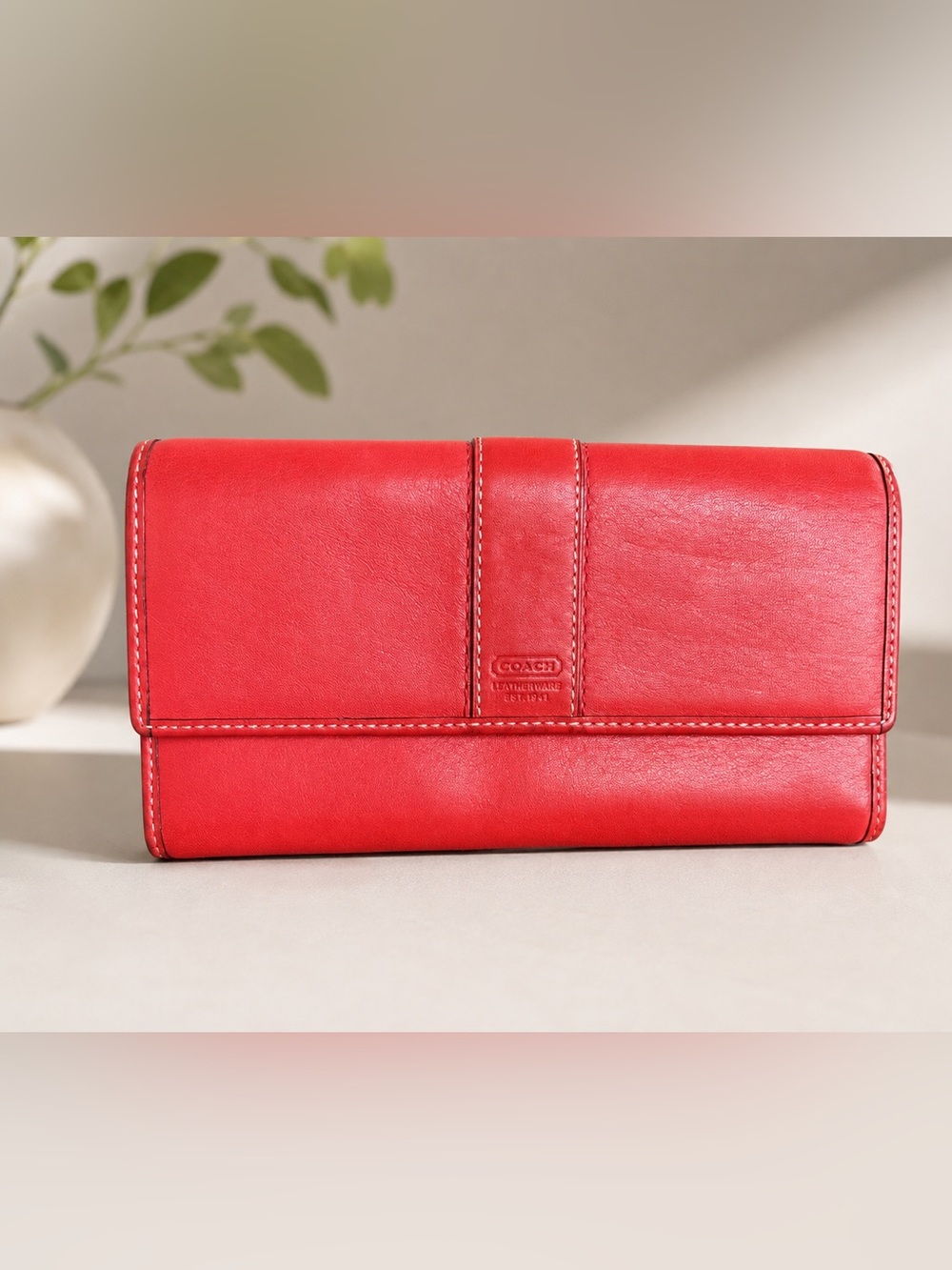 Coach Leather Continental Wallet with Center Stitch Detail in Coral